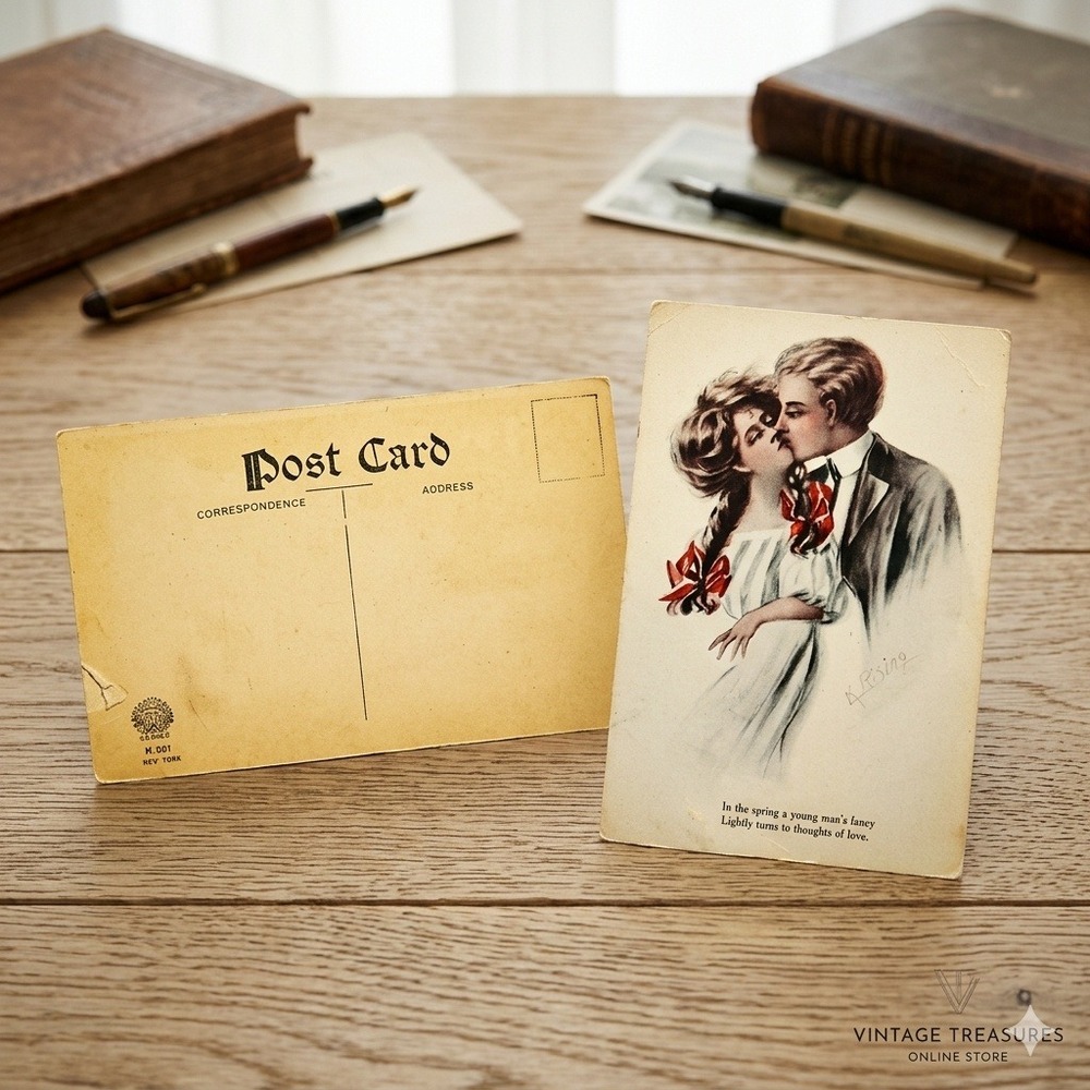 VTG Romance Postcard K Rising Artist Signed Couple Kissing Spring Quote PCK K351